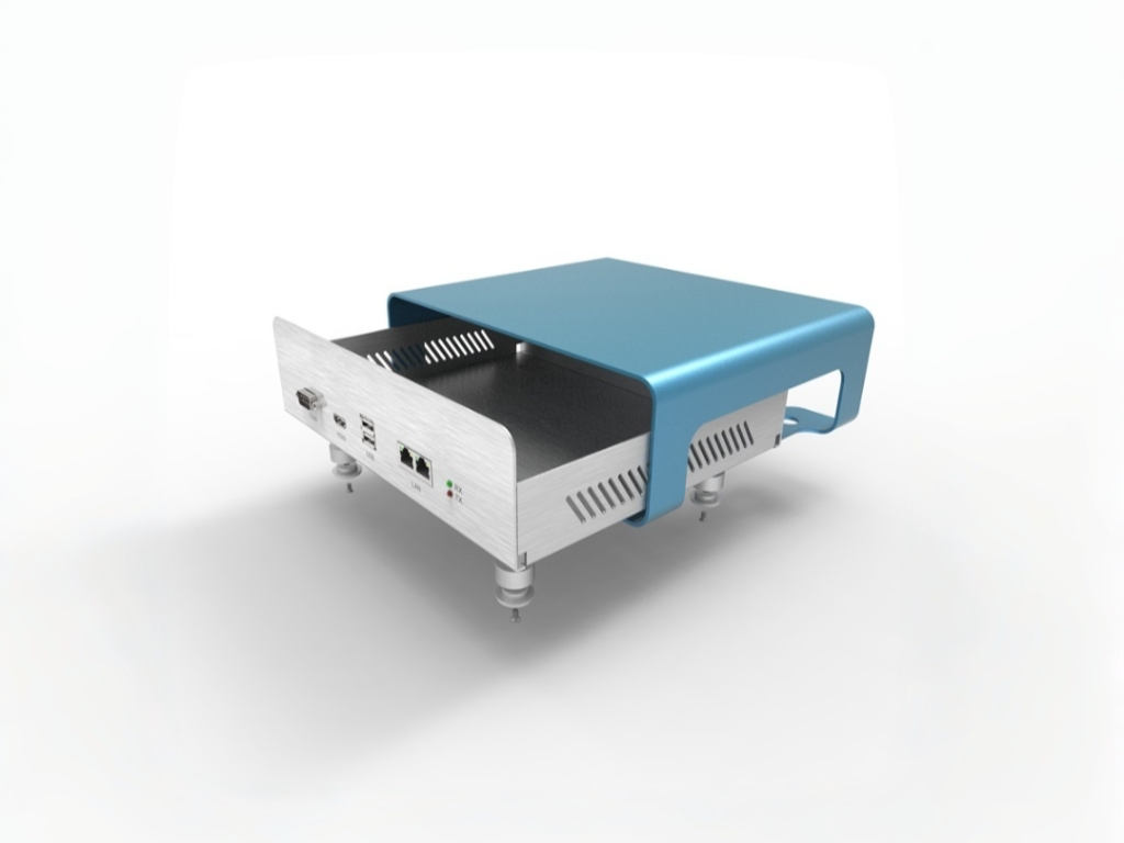 Custom Sheet Metal Enclosure Custom sheet metal fabricated enclosure with blue powder coating and laser cut details