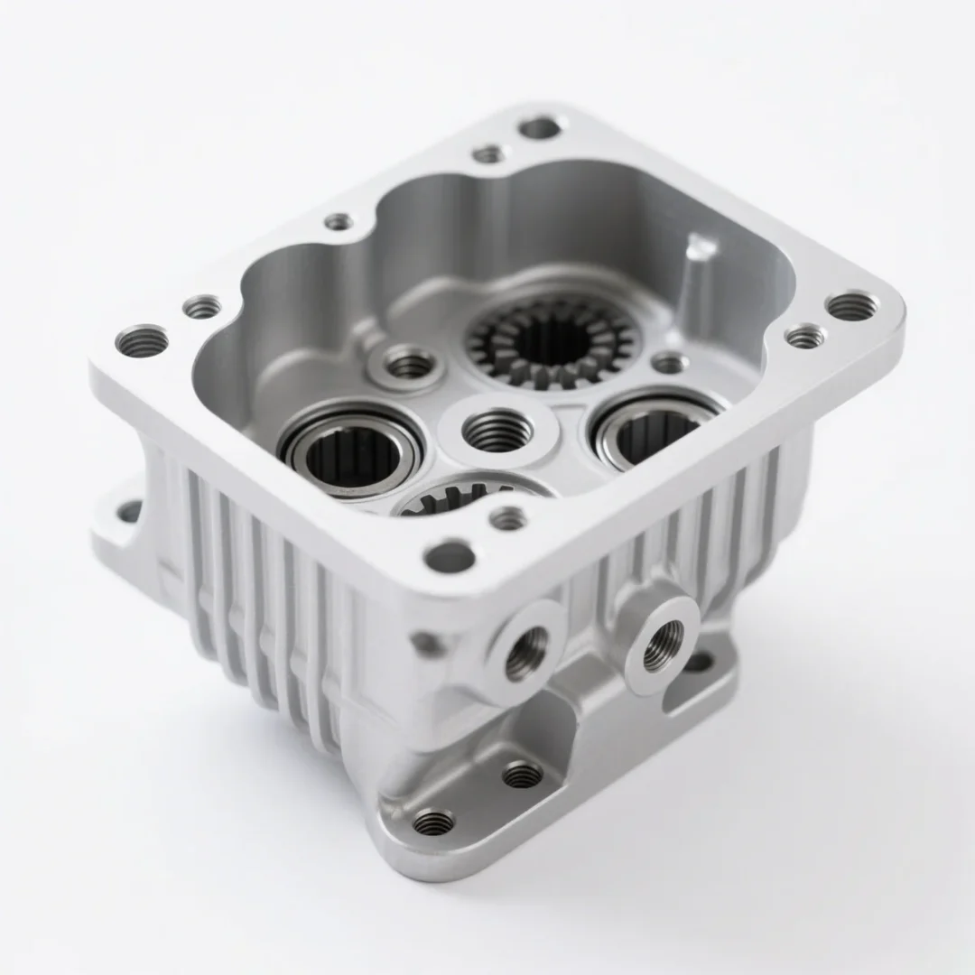 complex-5-axis-machined-housing.webp Complex 5-axis Precision CNC Milling Services aluminum gearbox housing with undercuts