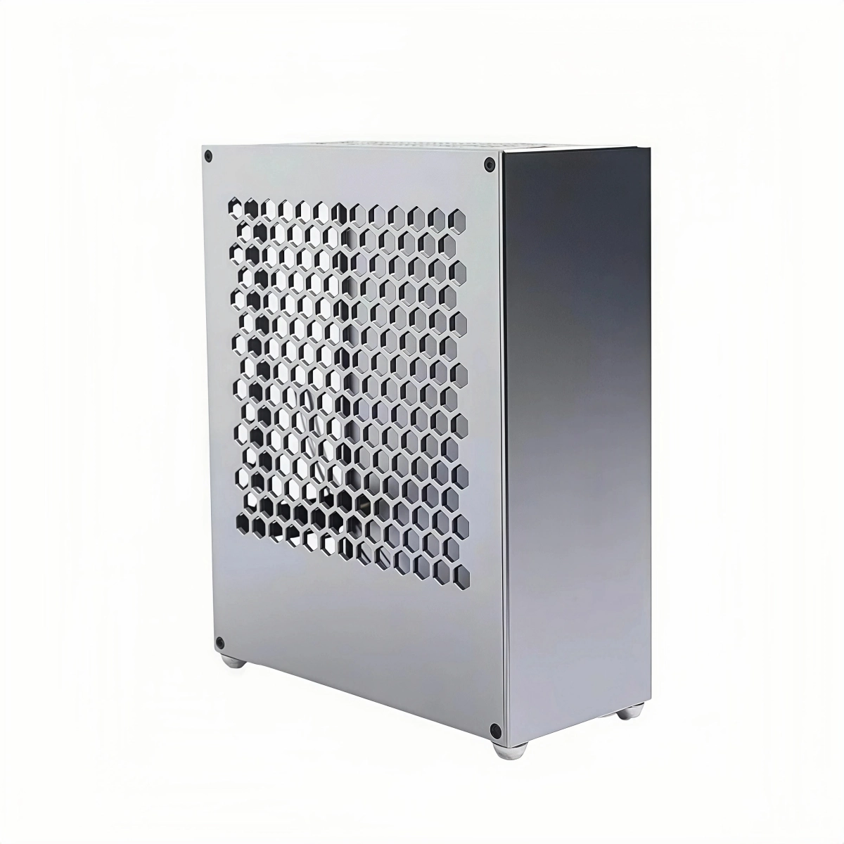 Anodized aluminum sheet metal chassis with laser-cut honeycomb cooling holes