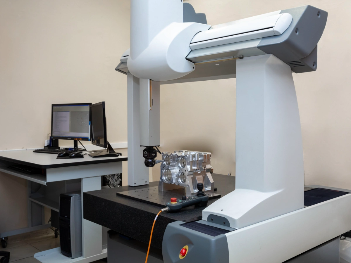 Coordinate Measuring Machine (CMM) inspecting a precision CNC machined aluminum housing for robotics applications.
