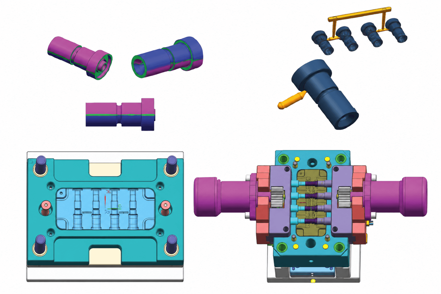 threaded gear design process CAD views of four-cavity automatic unscrewing mold