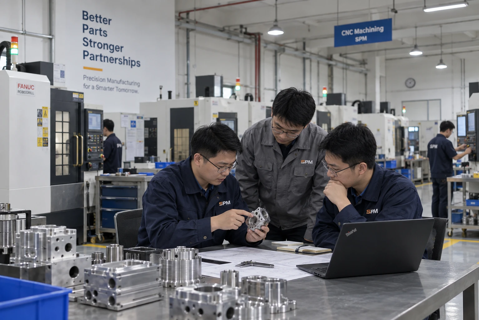 Precision CNC machining center manufacturing custom metal parts in SPM factory, Shenzhen China
