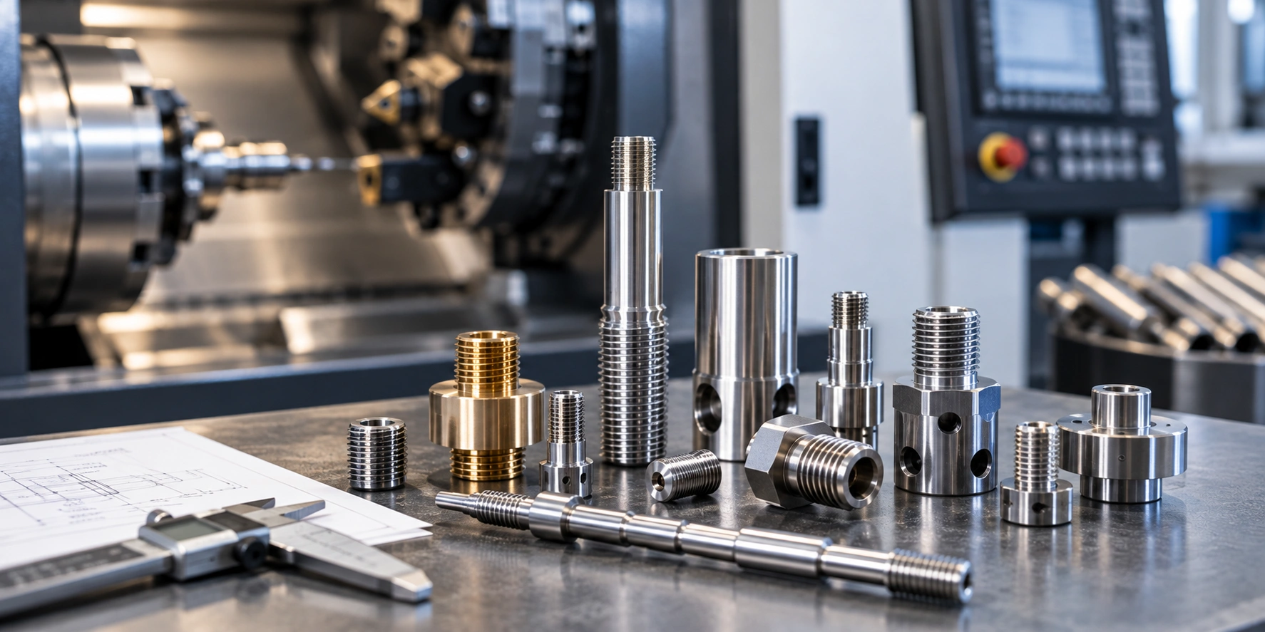 cnc screw machining precision parts hero CNC screw machining of precision threaded and turned metal parts