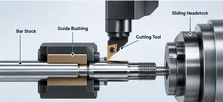 figure 3 swiss guide bushing e1789791559393 CNC screw machining Swiss-type guide bushing and sliding headstock diagram