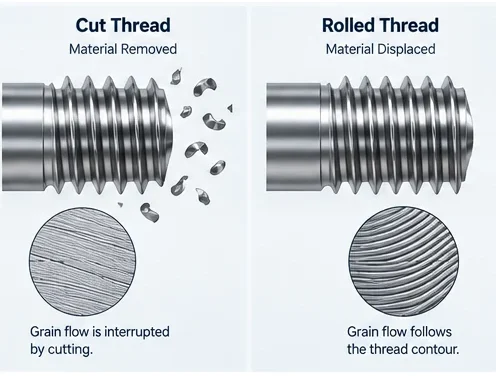 figure 4 cut vs rolled thread grain flow e1789791600805 CNC screw machining cut thread and rolled thread grain flow comparison