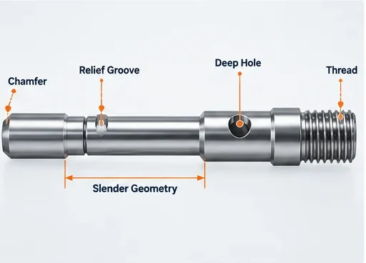 figure 7 cnc screw machining dfm features e1789791679807 CNC screw machining DFM diagram showing slender geometry relief groove chamfer deep hole and thread features